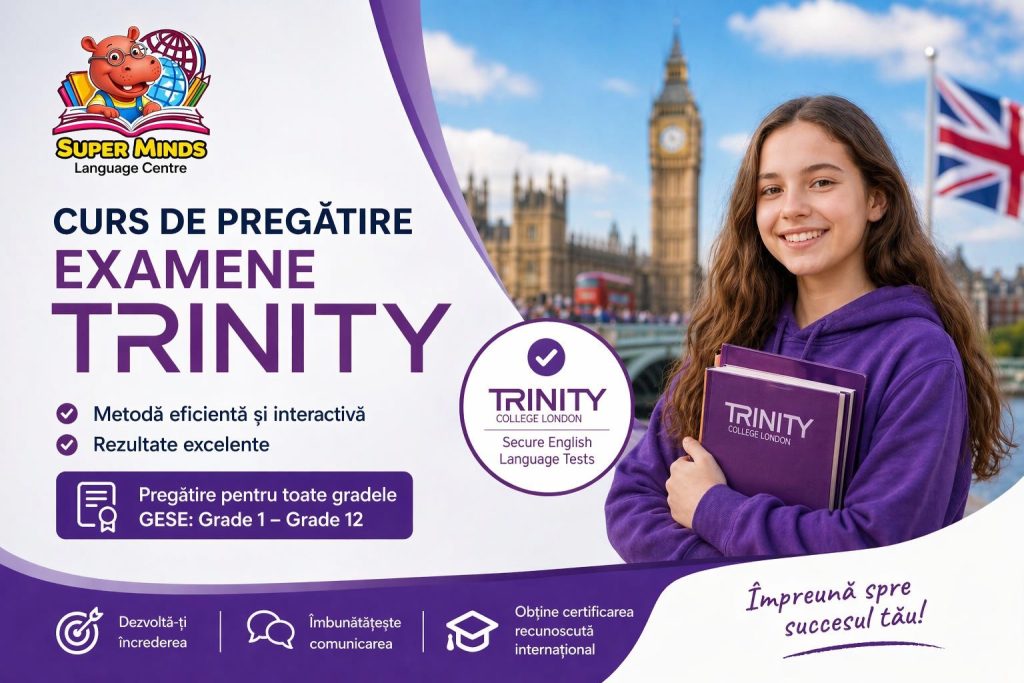 La centrul nostru oferim și pregătire pentru examenele Trinity College London, recunoscute internațional pentru evaluarea limbii engleze. Aceste examene se concentrează pe comunicarea reală în limba engleză, punând accent pe exprimarea orală și interacțiunea naturală.