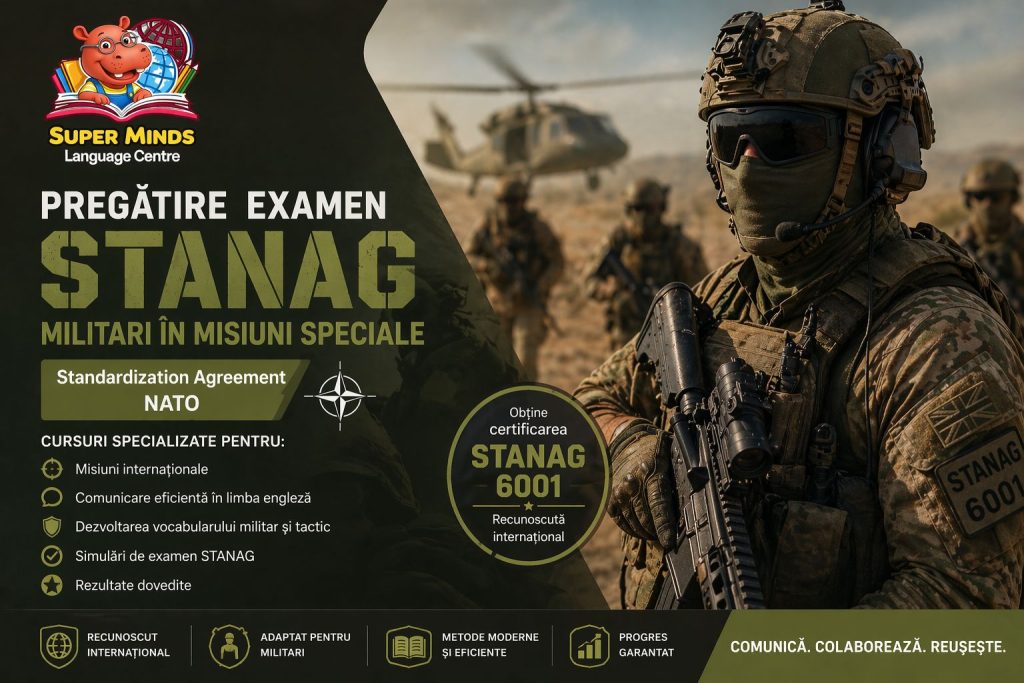 Centrul nostru de limbi străine oferă cursuri specializate de pregătire pentru examenul STANAG 6001, dedicate militarilor care participă la misiuni internaționale, exerciții multinaționale sau care ocupă funcții ce necesită certificare lingvistică NATO.