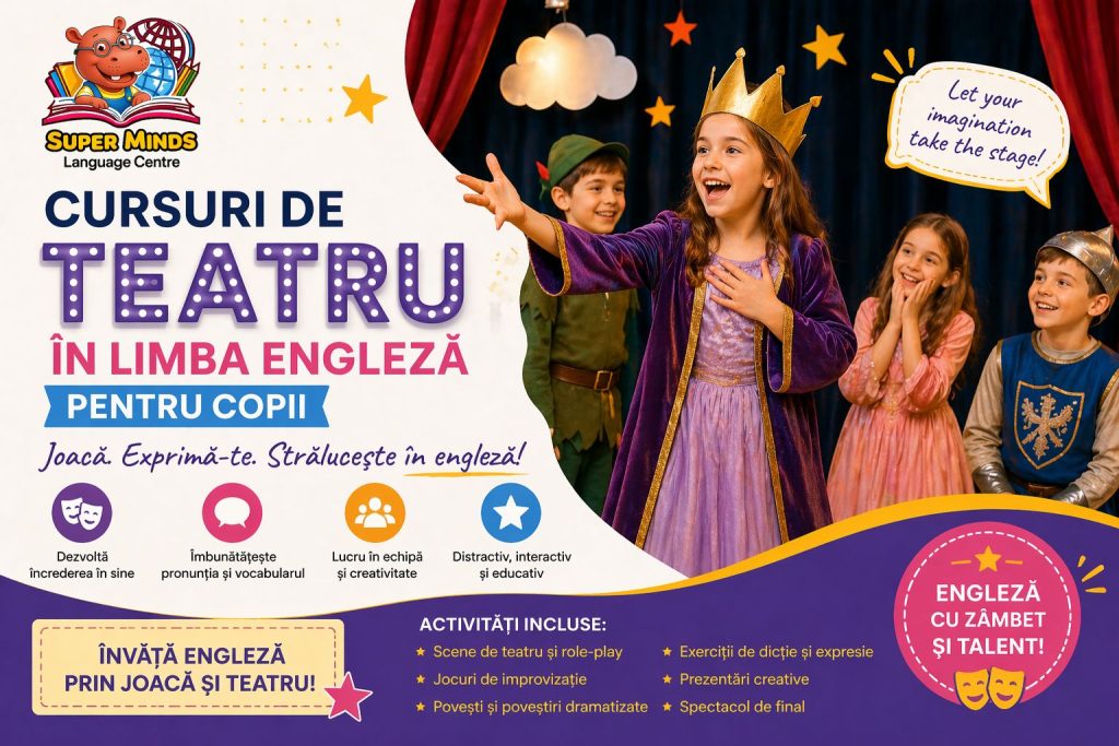 Cursurile de teatru în limba engleză oferă copiilor o modalitate creativă și captivantă de a învăța și de a exersa limba engleză. Prin jocuri de rol, scenete, improvizație și exerciții de expresivitate, copiii folosesc limba într-un mod natural și plin de energie.